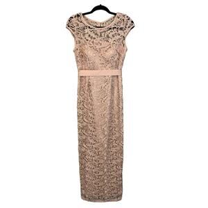 Adrianna Papell Cap Sleeve Illusion Lace Gown Dress 6P Petite Ball Formal Beige